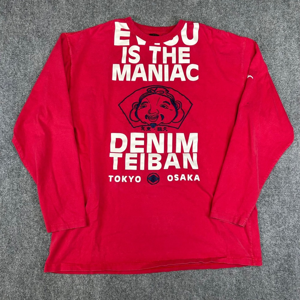 Evisu Is The Maniac Denim Teiban Red Long Sleeve Graphic T-Shirt Tokyo Osaka XXL